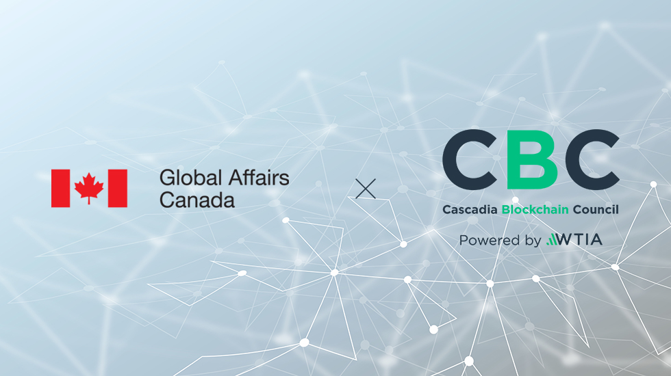 Abstract technology geometric polygonal lines background, with Cascadia Blockchain Council and Global Affairs Canada logos
