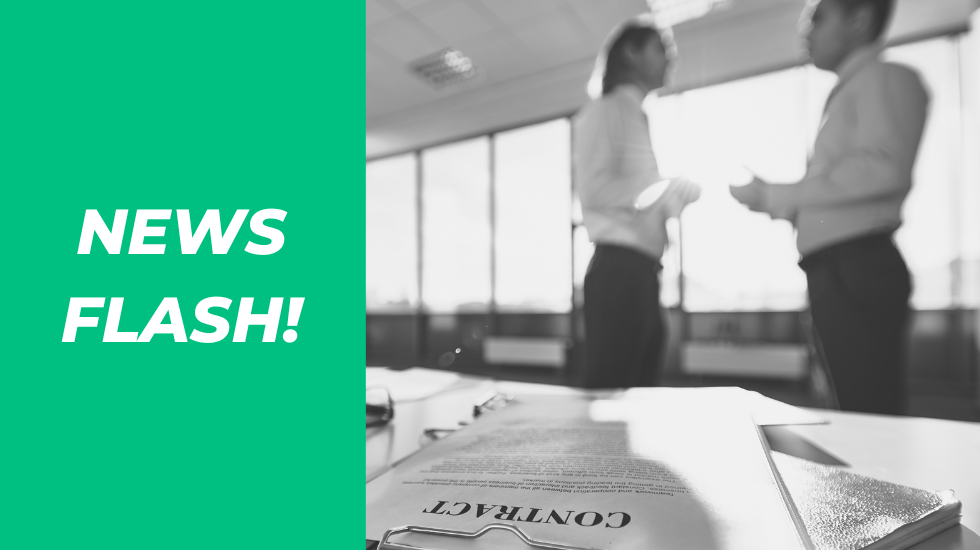 Two people are discussing near a window. A "NEWS FLASH!" headline and a visible contract are in the foreground.